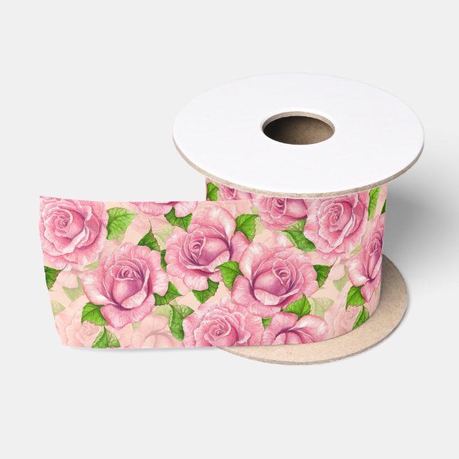 Pink watercolor roses pattern satin ribbon (Spool)