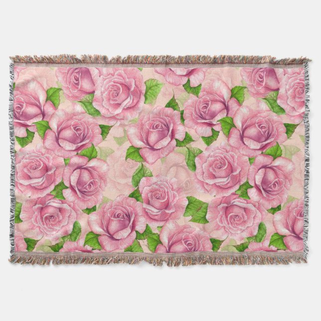 Pink watercolor roses pattern throw blanket (Front)