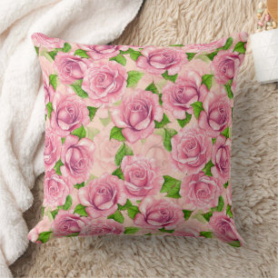 Pink watercolor roses pattern throw pillow