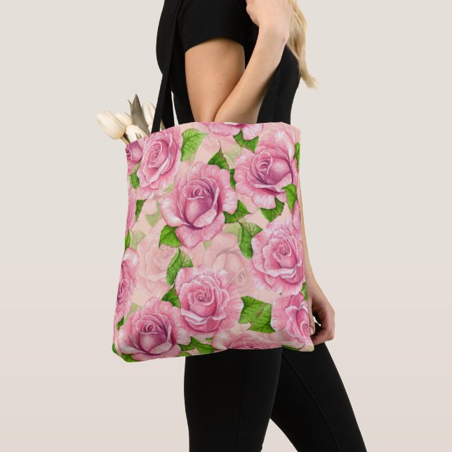 Pink watercolor roses pattern tote bag (Close Up)