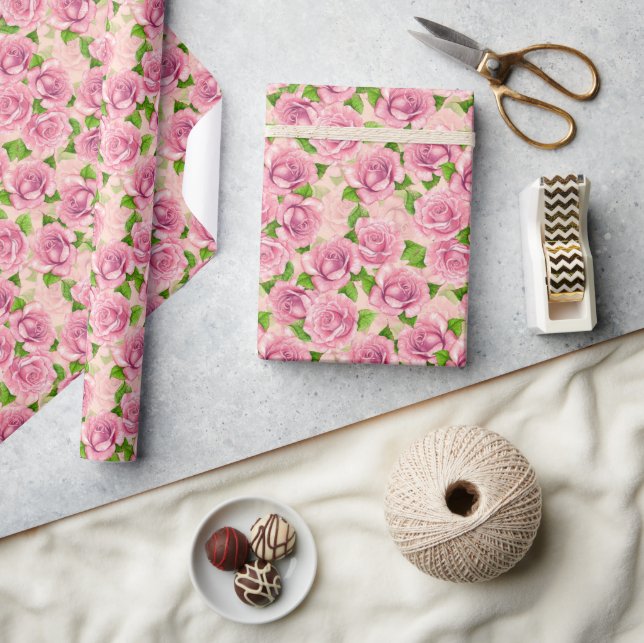 Pink watercolor roses pattern wrapping paper (Crafts)