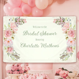 Pink Watercolor Roses Sage Green Bridal Shower  Banner