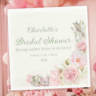 Pink Watercolor Roses Sage Green Bridal Shower  Napkin