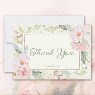 Pink Watercolor Roses Sage Green Bridal Shower Thank You Card