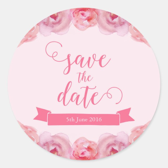 Pink Watercolor Roses Save the Date Classic Round Sticker (Front)