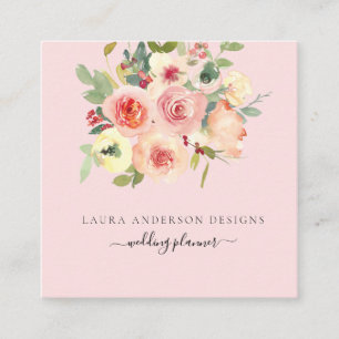 Pink Watercolor Roses square Business Card