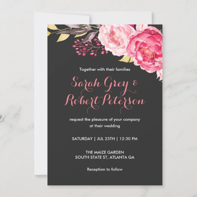 Pink Watercolor Roses Stripes Wedding Invitation (Front)