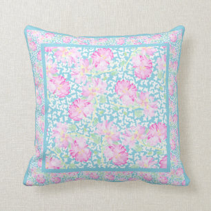 Pink Watercolor Roses, White Butterflies, Sky Blue Throw Pillow