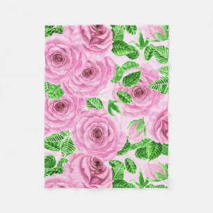 Pink watercolor roses with leaves and buds patter fleece blanket