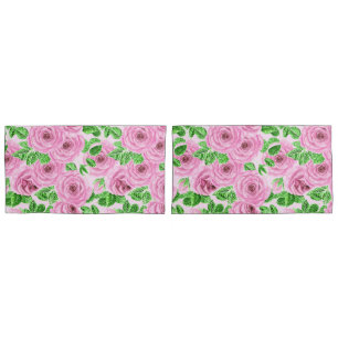 Pink watercolor roses with leaves and buds patter pillowcase