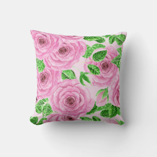 Pink watercolor roses with leaves and buds patter throw pillow