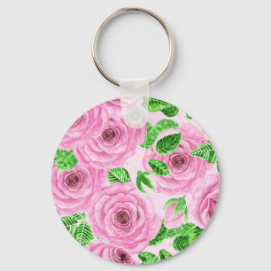 Pink watercolor roses with leaves and buds pattern keychain