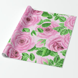 Pink watercolor roses with leaves and buds pattern wrapping paper