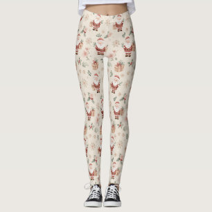 Pink Watercolor Santa Christmas with Snowflakes Leggings