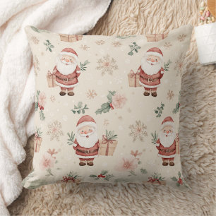Pink Watercolor Santa Christmas with Snowflakes Throw Pillow