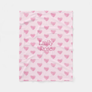 Pink Watercolor Scribble Hearts, Personalized Fleece Blanket
