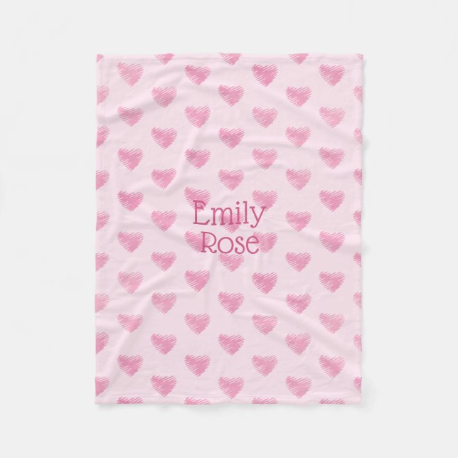Pink Watercolor Scribble Hearts, Personalized Fleece Blanket (Front)