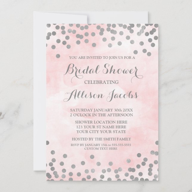 Pink Watercolor Silver Confetti Bridal Shower Invitation (Back)