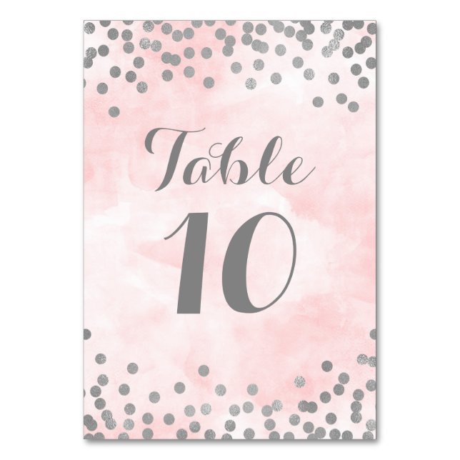 Pink Watercolor Silver Confetti Table Number Cards (Front)