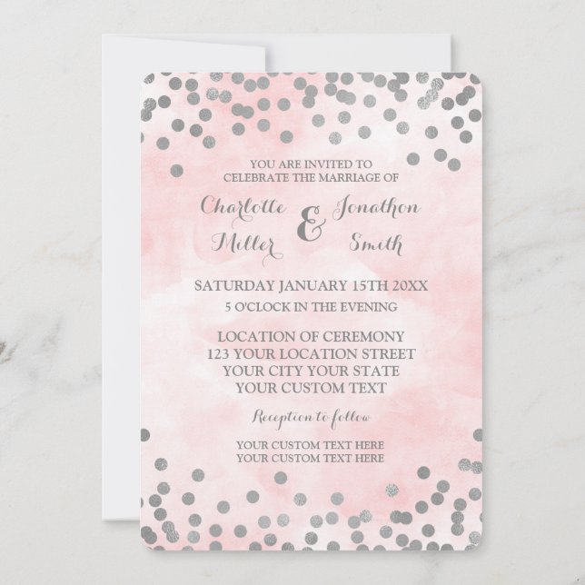 Pink Watercolor Silver Confetti Wedding Invites (Back)