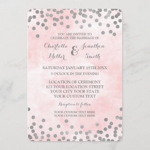 Pink Watercolor Silver Confetti Wedding Invites