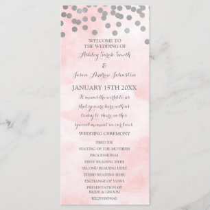 Pink Watercolor Silver Confetti Wedding Program