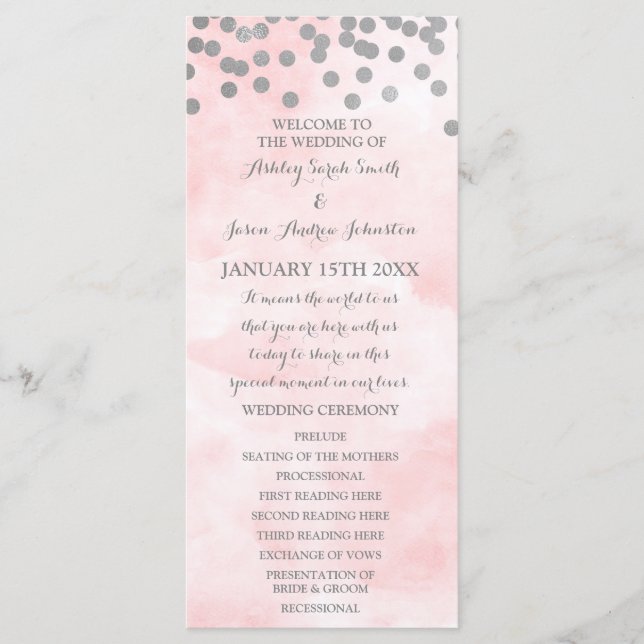 Pink Watercolor Silver Confetti Wedding Program (Front)