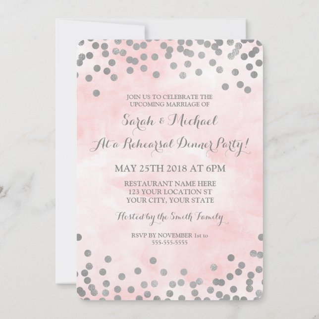 Pink Watercolor Silver Dots Rehearsal Dinner Party Invitation (Back)