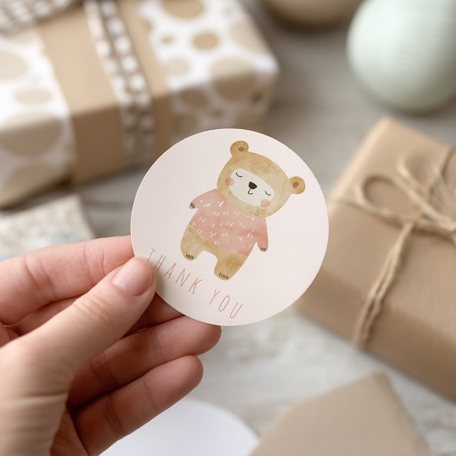 Pink Watercolor sleepy cute Bear Thank You Classic Round Sticker (Pink girl cute sleepy bear thank you sticker)