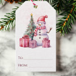 Pink Watercolor Snowman Scene Christmas Gift Tags<br><div class="desc">These Christmas gift tags feature an elegant watercolor snowman with beautifully wrapped presents and a decorated Christmas tree. Easily personalize these holiday gift tags by hand writing in the names in the "To" and "From" sections. Attach to presents, gift bags, and more for a chic and festive touch to your...</div>