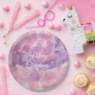 Pink Watercolor Sparkle Merry Christmas  Paper Plate