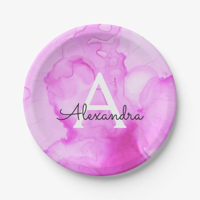 Pink Watercolor Splash Monogram Name and Initial Paper Plate (Front)