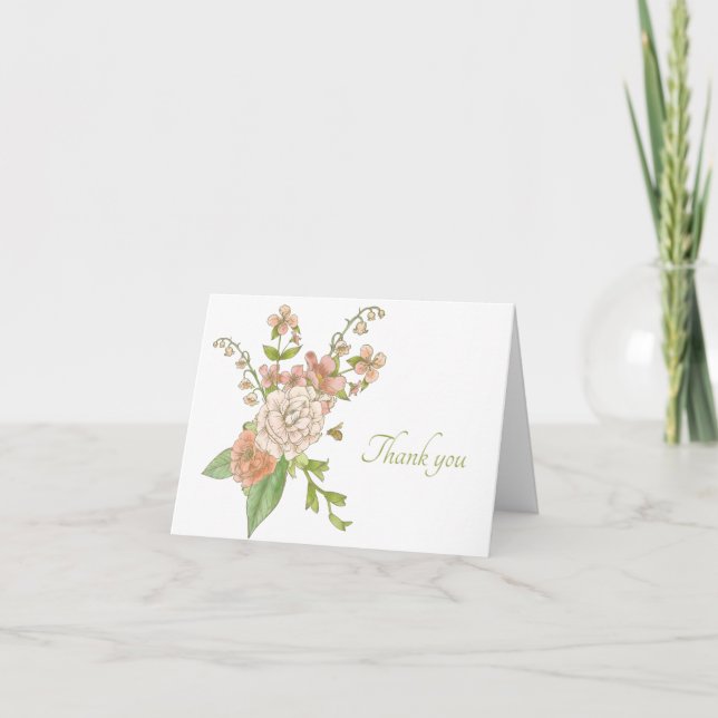 Pink Watercolor Spring Bouquet Thank You Card (Front)