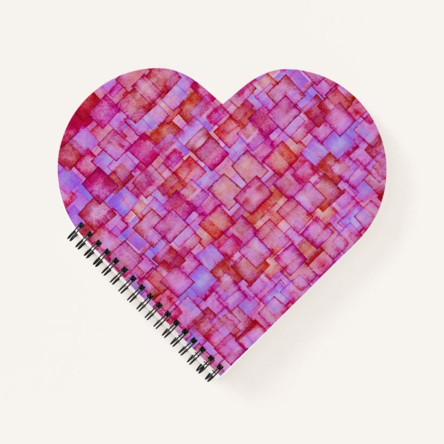 Pink Watercolor Squares Heart Shaped Notebook (Front)