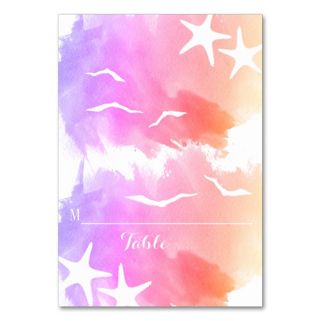 Pink watercolor starfish summer wedding place card (Front)
