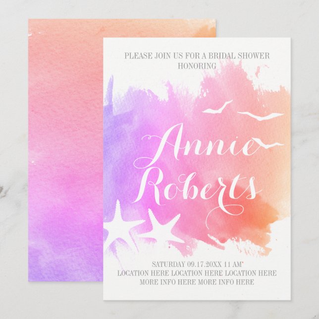 Pink watercolor, starfish wedding bridal shower invitation (Front/Back)