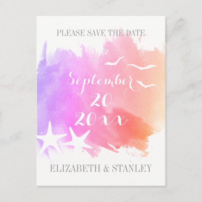 Pink watercolor, starfish wedding Save the Date Announcement Postcard (Front)