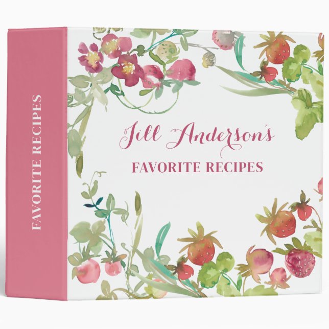 Pink Watercolor Strawberry Recipe Binder (Front/Spine)