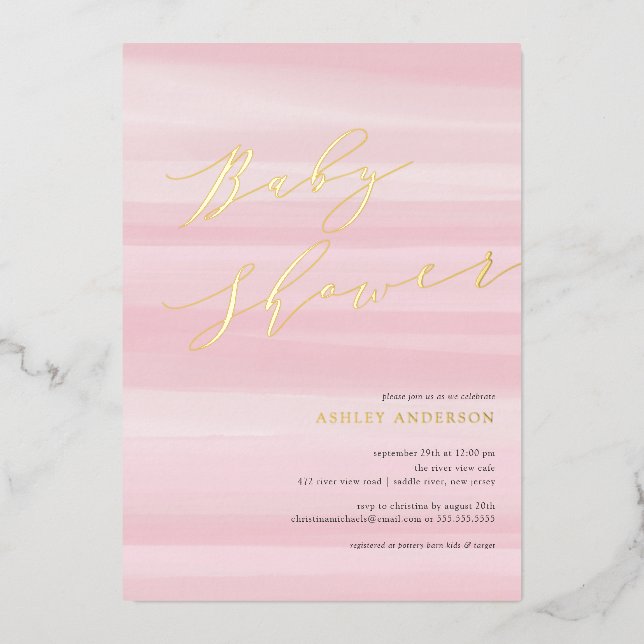 Pink Watercolor Stripe Baby Shower Foil Invitation (Front)