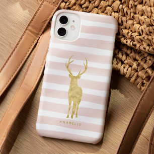 Pink Watercolor Stripes and Gold Deer iPhone 15 Pro Max Case