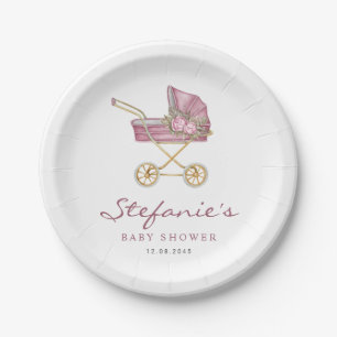 Pink Watercolor Stroller It's a Girl Baby Shower Paper Plate