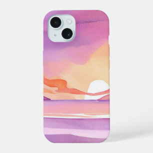 Pink Watercolor Sunset Beautiful Ocean Sky iPhone 15 Case