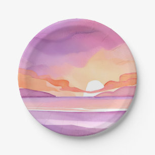 Pink Watercolor Sunset   Beautiful Ocean Sky Paper Plate