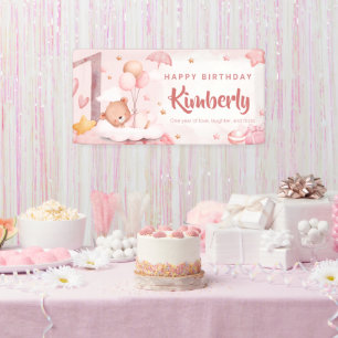 Pink Watercolor Teddy Bear 1st Birthday Welcome Banner