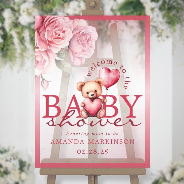 Pink Watercolor Teddy Bear Baby Shower Welcome (Créateur téléchargé)