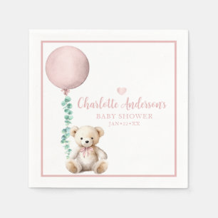 Pink Watercolor Teddy Bear Balloon Baby Shower Napkin
