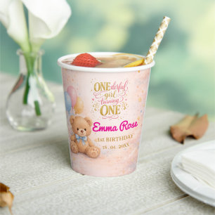 Pink Watercolor Teddy Bear Girl 1st Birthday Paper Cups