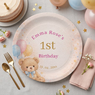 Pink Watercolor Teddy Bear Girl 1st Birthday Paper Plate