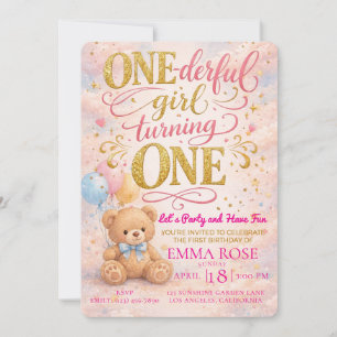 Pink Watercolor Teddy Bear Girl's 1st Birthday Invitation