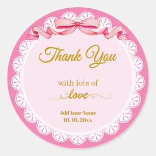 Pink Watercolor "Thank You" with Lace and Ribbon Classic Round Sticker